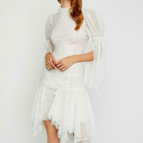 New* BCBGMAXAZRIA Lace Asymmetric Ruffle Slit Sleeve Dress Ivory Size 6 $598 - Picture 3 of 9
